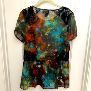 Sheer Galaxy Print Blouse with Lace Cutouts